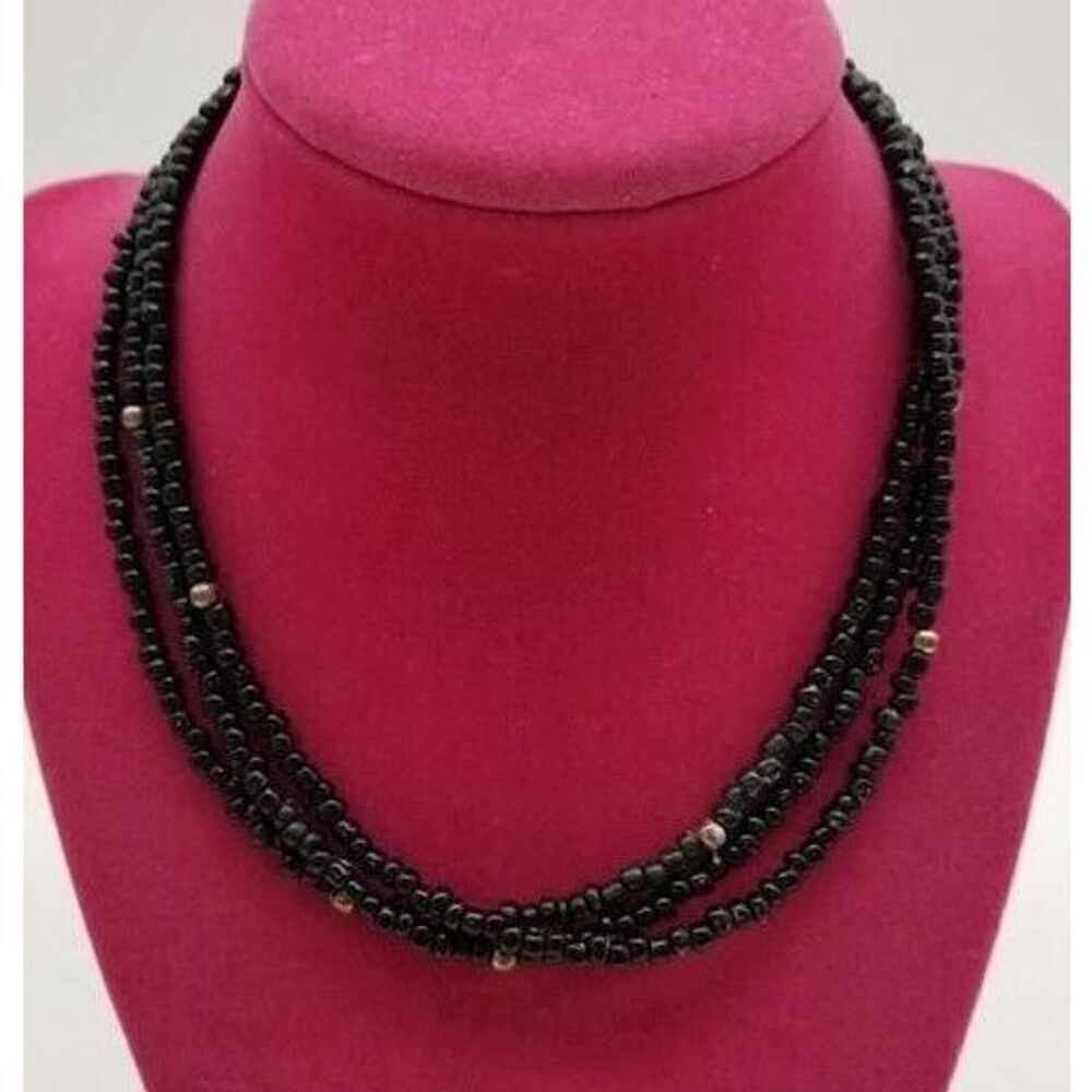 793 Silpada N1500 3-Strand Necklace Black Glass & Sterling Silver Beads 16-18”